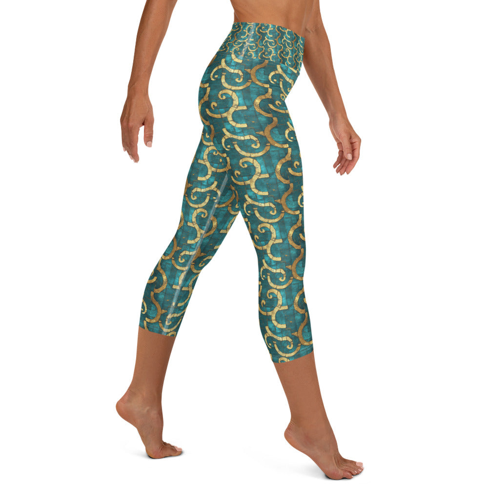 Grecian Turquoise and Gold - Yoga Capri Leggings