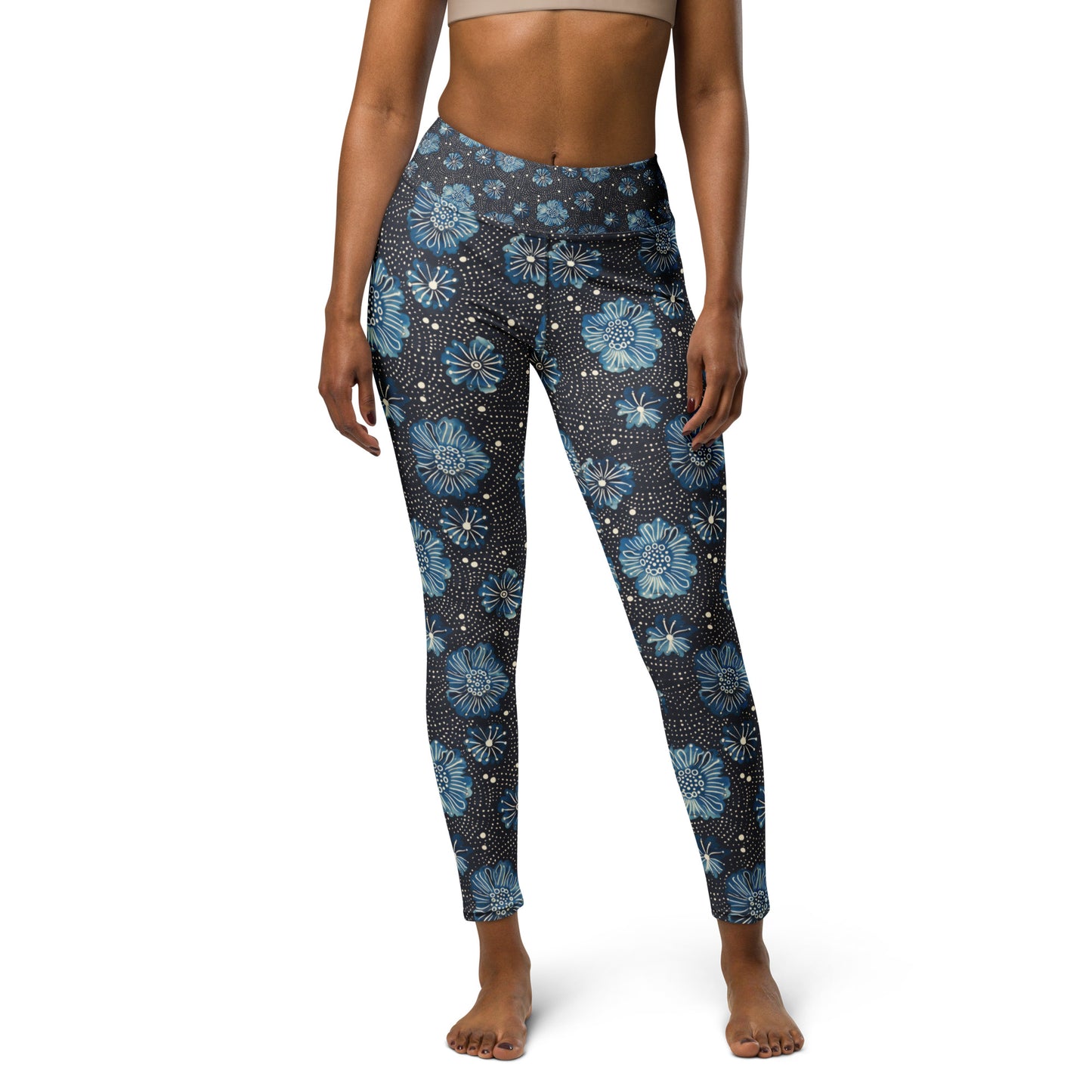 Aqua Florettes on Navy - Yoga Leggings