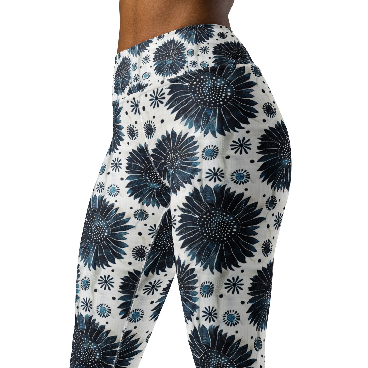 Aqua Florettes on White - Yoga Leggings