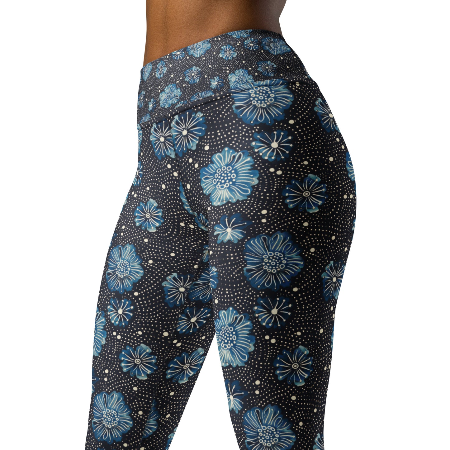 Aqua Florettes on Navy - Yoga Leggings